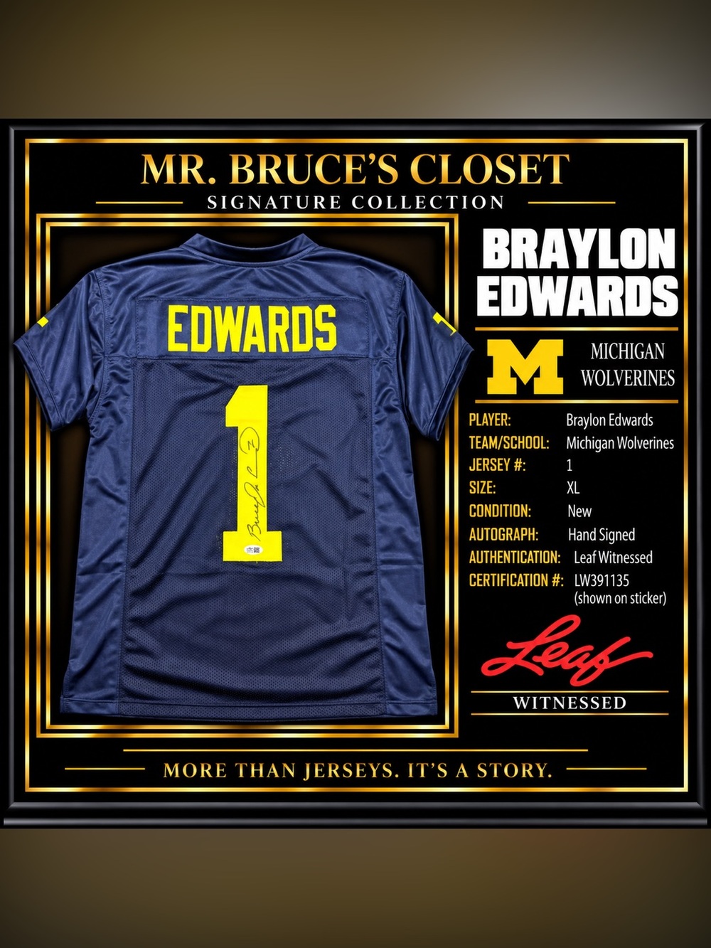 Braylon Edwards Signed Michigan Wolverines #1 Jersey Leaf Witnessed Auto XL